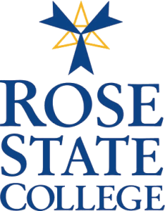 The image displays a logo for Rose State College with a blue banner containing the name of the institution.